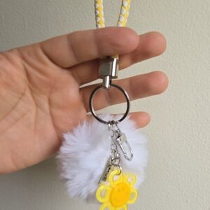 Smiley Daisy White PomPom Wristlet Keychain Bag Clip Charm-Accessory Handmade